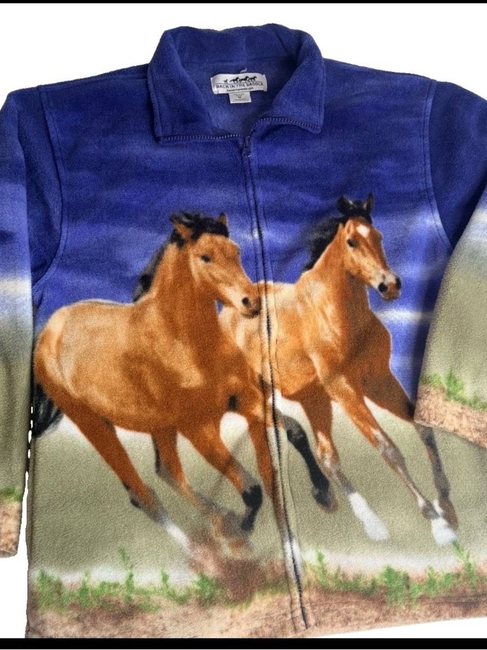 Vintage adult medium Horse all over print  Zip-Up Fleece Jacket - Blue/Brown